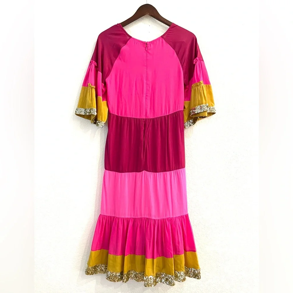 NWT Figue  Silk Crepe Colorblock Gold Sequin  Trim Midi Dress Bohemian Gypsy - Picture 10 of 16